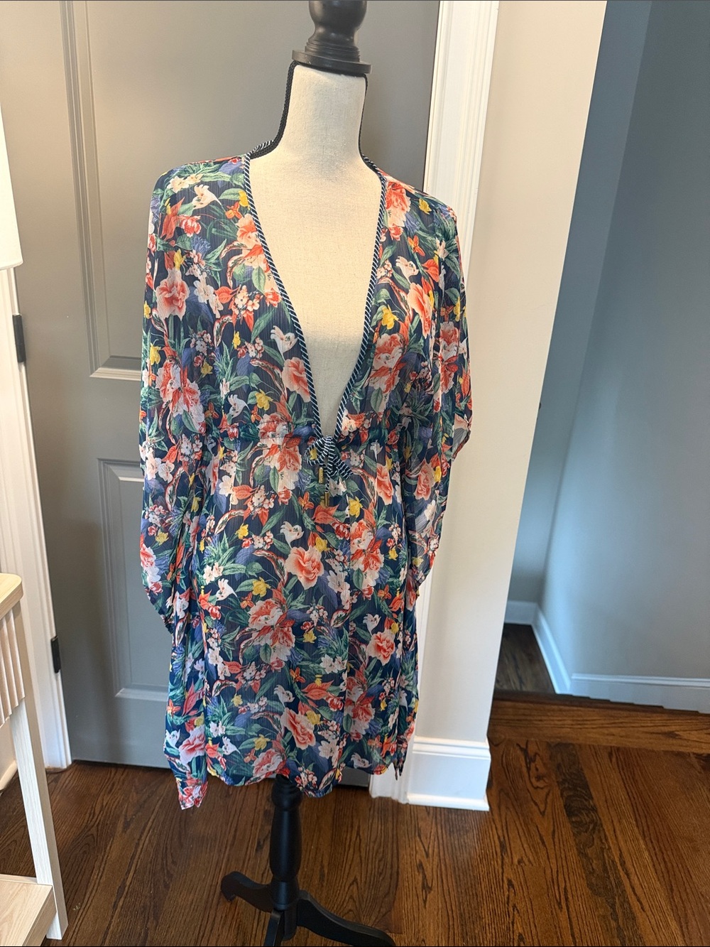 Ellen Tracy Navy Floral V-Neck Swim Coverup
